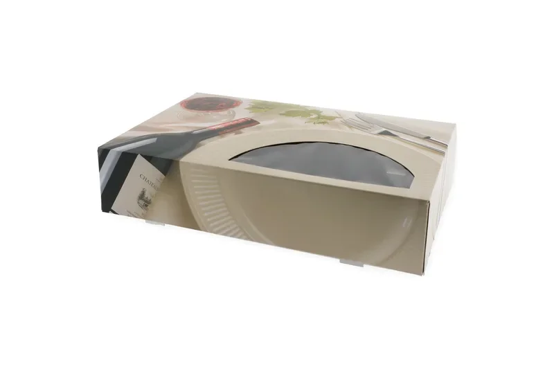 Cateringdozen, karton 46,4 x 31,3 x 8 cm wit met bedrukking Bordeaux
