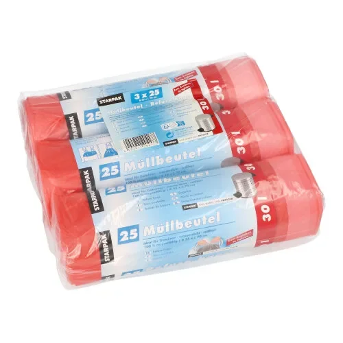 Pedaalemmerzakken met trekkoord, HDPE 30 l 70 cm x 55 cm rood