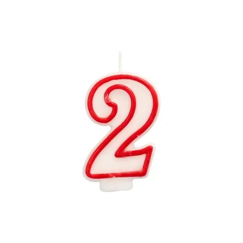 Verjaardagskaarsjes 7,3 cm wit “2” met rode rand
