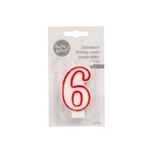 Verjaardagskaarsjes 7,3 cm wit “6” met rode rand