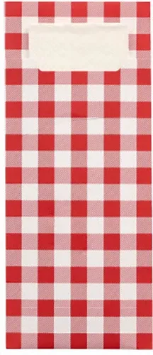Bestekzakjes 20 cm x 8,5 cm rood “Vichy Karo” inclusief wit servet 33 x 33 cm 2-laags