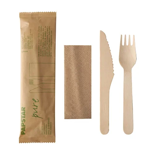 Bestekset, Hout “pure” : Mes, Vork, Servet in papieren sleeve