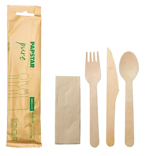 Bestekset, Hout “pure” : Mes, Vork, Lepel, Servet in papieren sleeve