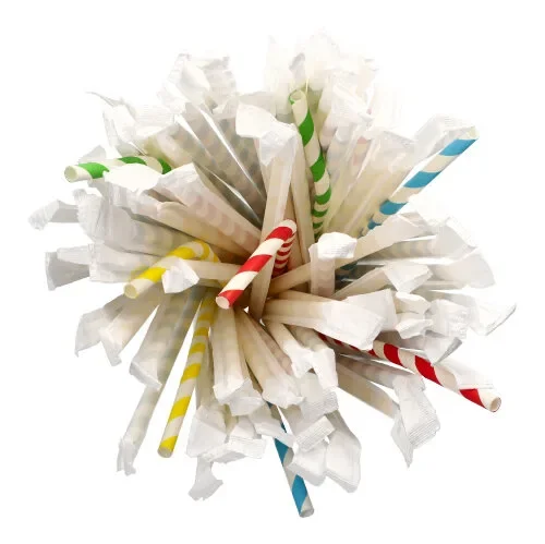 Drinkrietjes, flexibel, papier Ø 6 mm x 20 cm assorti kleuren Stripes per stuk verpakt