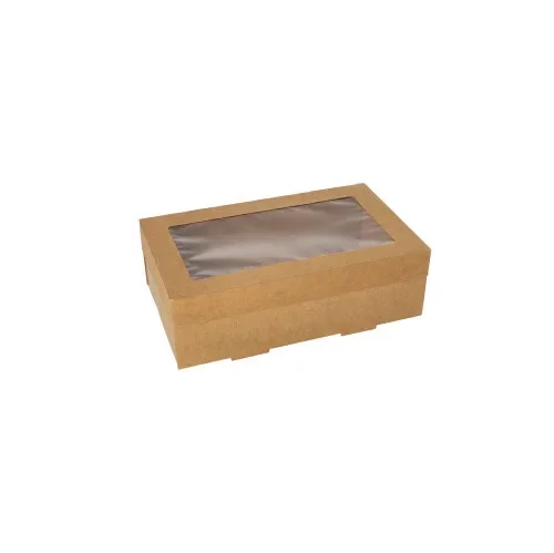 Catering dozen, karton hoekig 8 cm x 15,3 cm x 25,5 cm bruin met apart deksel en kijkvenster va