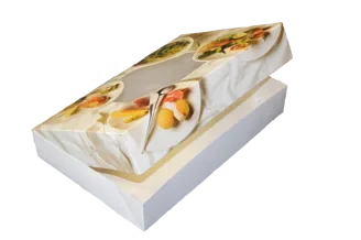 Cateringdozen, karton 35,7 x 24,7 x 8 cm wit met bedrukking “Quattro Bianco”