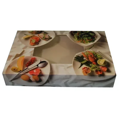 Cateringdozen, karton 46,4 x 31,3 x 8 cm wit met bedrukking “Quattro Bianco”
